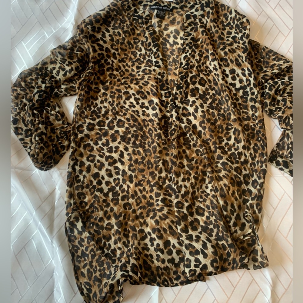Leopard sheer button top 3/4 sleeves sexy summer fall classic work party blouse - Picture 4 of 7